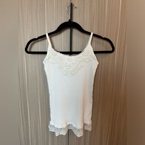 NWOT White Ribbed Cami with Crochet bib and lace ruffle trim
